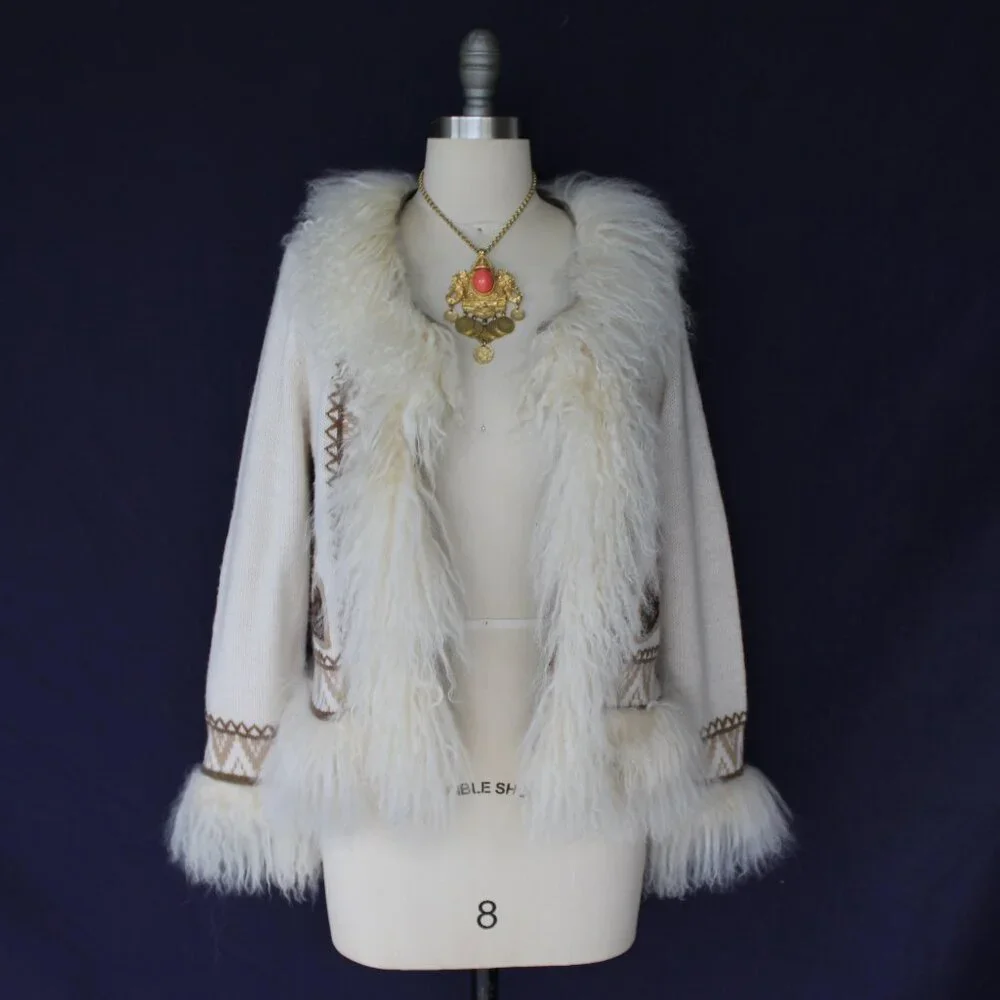 vintage Mongolian Curley lamb wool cardigan cowichan sweater jacket aplique M - Picture 9 of 12